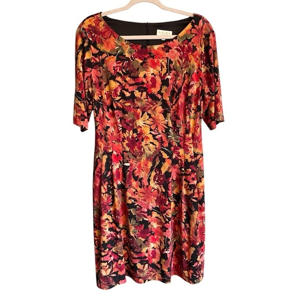 Laura Petite-Size 14-Floral Multicolor Dress-Zipper Back-Pockets-3/4 Sleeves - Picture 1 of 12